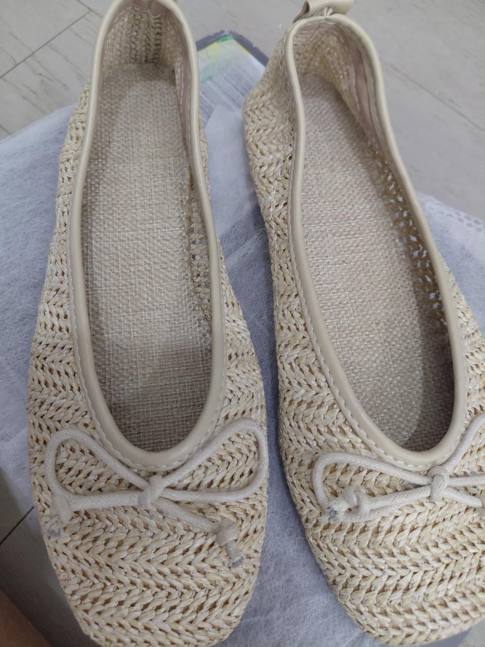 Amazon Cream Woven Ballet Flats with Bow Trim